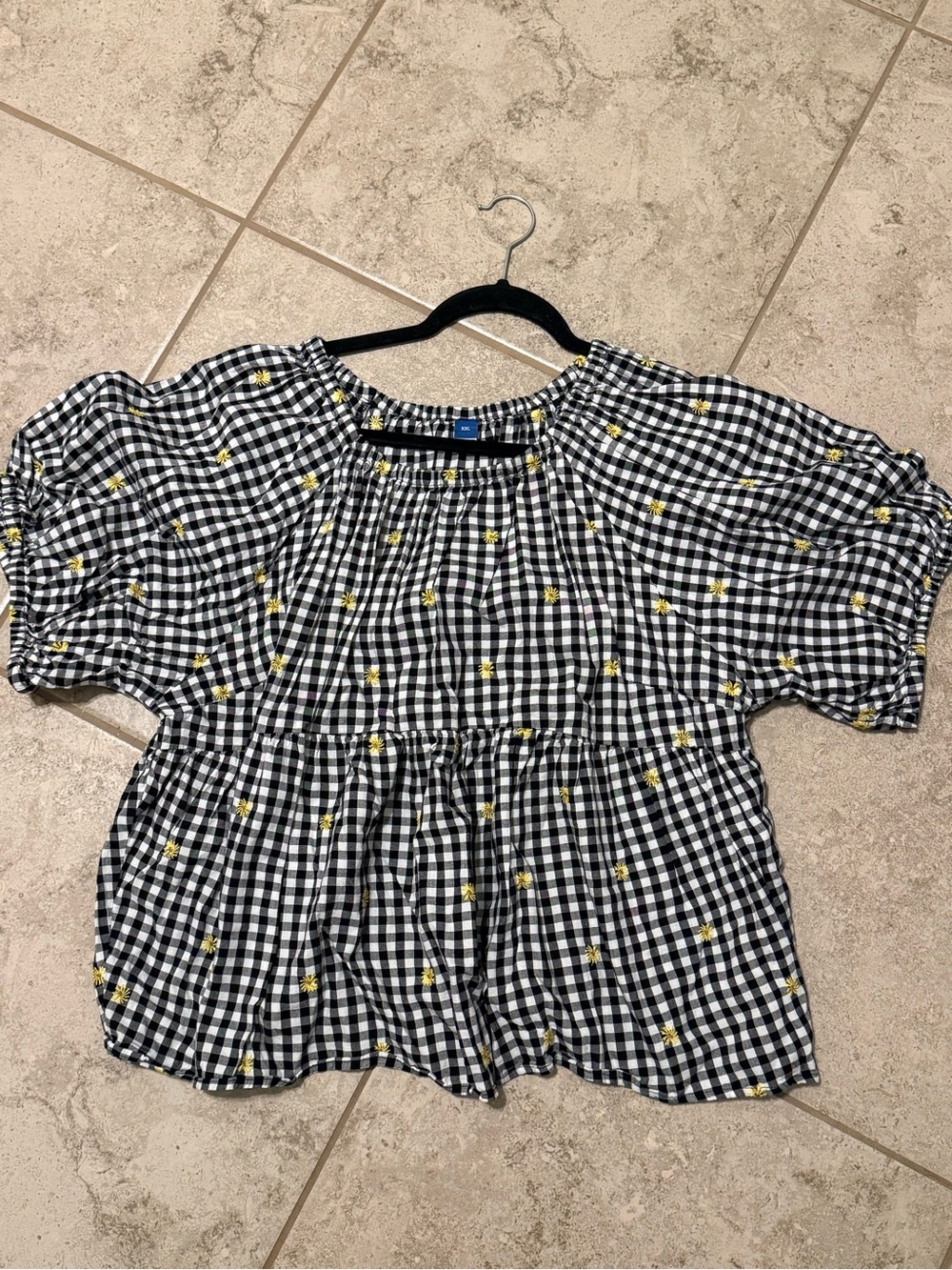 Old Navy Black & White Gingham Top with Yellow Floral Accents